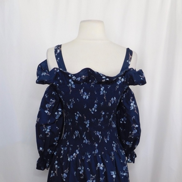 Revolve REBECCA TAYLOR Francine Off Shoulder Dress Floral Smocked Navy Blue 0 - Picture 11 of 16
